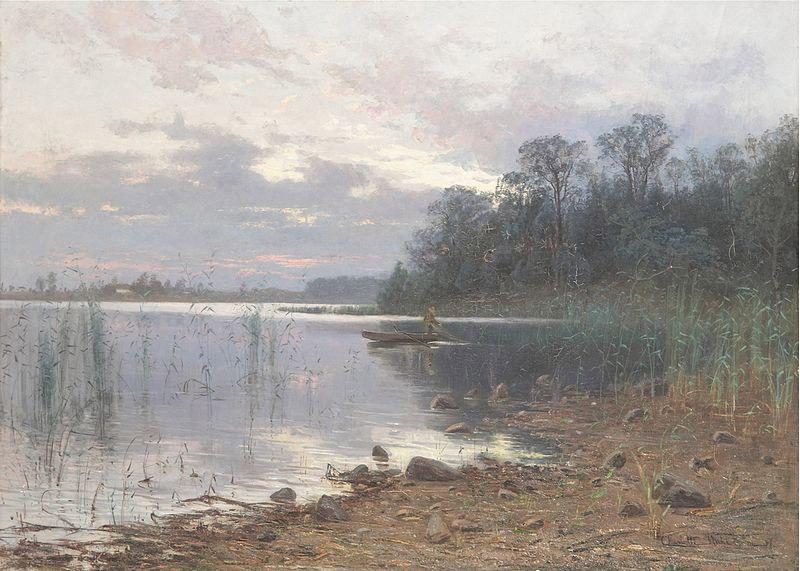 Charlotte Wahlstrom Lake landscape at dusk oil painting picture